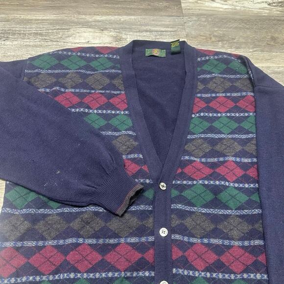 Vintage 90s Club Room Blue Red Argyle Mens XL Merino Wool Cardigan Sweater Italy - Picture 1 of 9